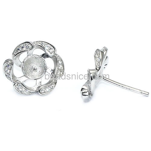 Stud earrings setting for half-drilled jewelry making 925 sterling silver micro pave flower