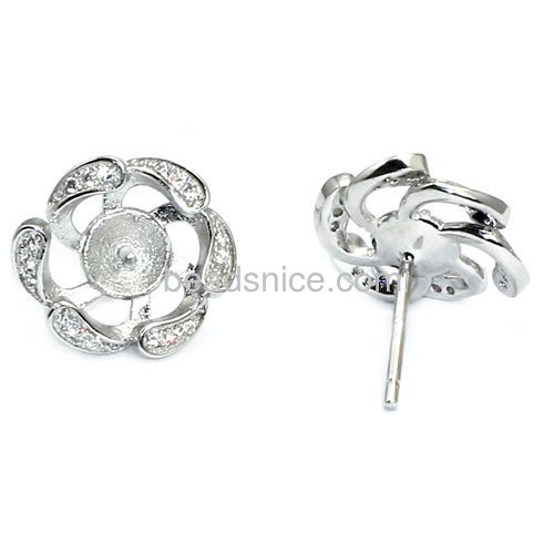 Stud earrings setting for half-drilled jewelry making 925 sterling silver micro pave flower