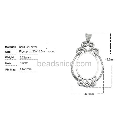 Genuine 925 sterling silver pendant setting for woman jewelry making oval 45.5x26.8mm pin 4.5x1mm