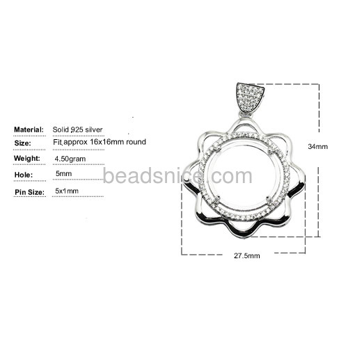 Hot sale charming pendant setting 925 sterling silver for jewelry making round 34x27.5mm pin 5x1mm