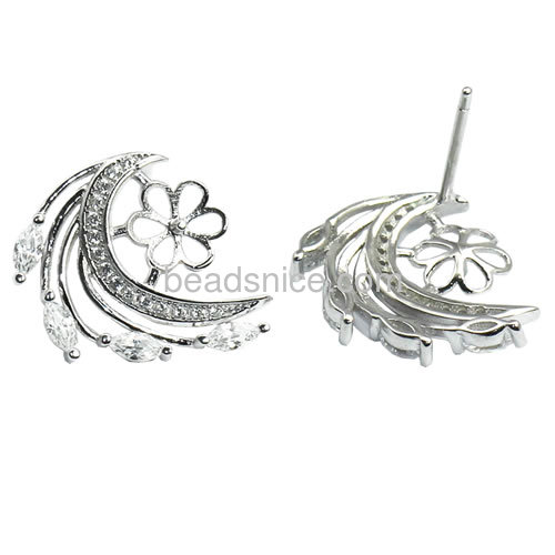 Hot sell earrings stud setting sterling silver 925 micro pave half moon 17x15mm pin size 1.5x0.5mm