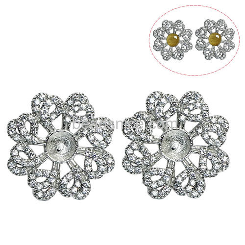 Genuine 925 sterling silver stud earrings setting micro pave flower-shaped 18x18mm pin size 2x0.8mm