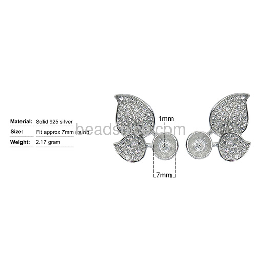 Wholesale 925 steriling silver stud earring base for half-drill leaf micro pave 17x11.5mm pin size 2x1mm