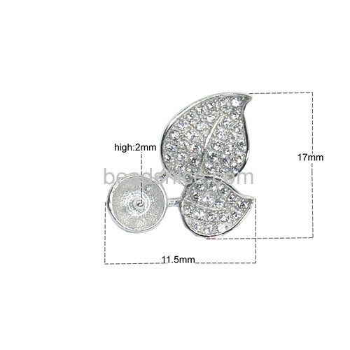 Wholesale 925 steriling silver stud earring base for half-drill leaf micro pave 17x11.5mm pin size 2x1mm