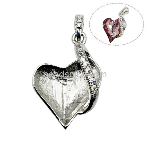 Blank pendant setting sterling silver micro pave crystal heart-shape pendant setting fit 13x13mm Austria crystal 4809