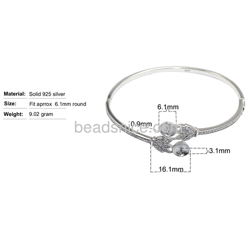 925 steriling silver bangle bracelets base for half-drill beads pearl making 6.8 inch pin size 3.1x0.9mm