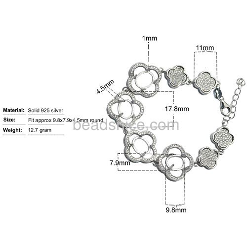 Sterling silver chain bracelet setting micro pave zircon flower-shape 6.3inch pin size 4.5x1mm
