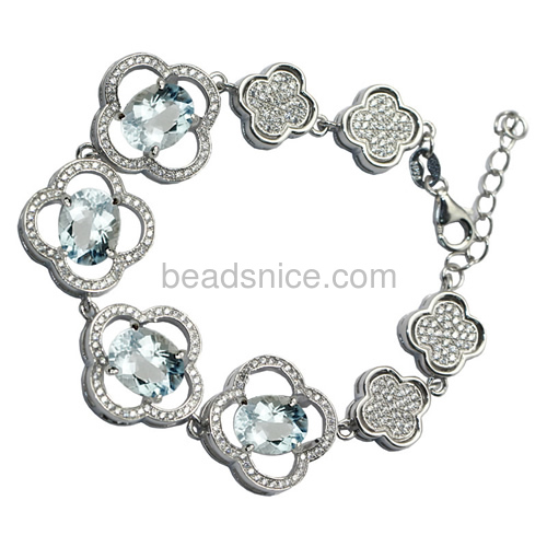 Sterling silver chain bracelet setting micro pave zircon flower-shape 6.3inch pin size 4.5x1mm