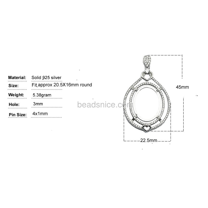 New charming jewelry pendant setting silver sterling 925 for woman necklace making 45x22.5mm pin 4x1mm