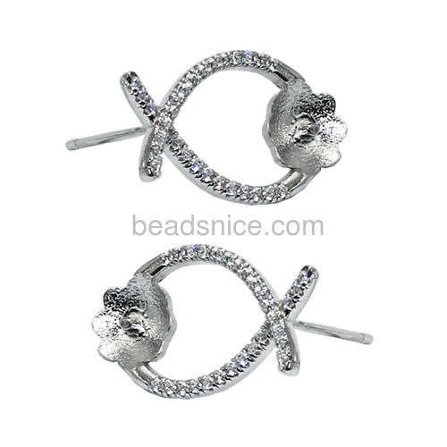 925 Sterling silver earrings stud setting for half-drill micro pave 19x10mm pin size 2x0.9mm