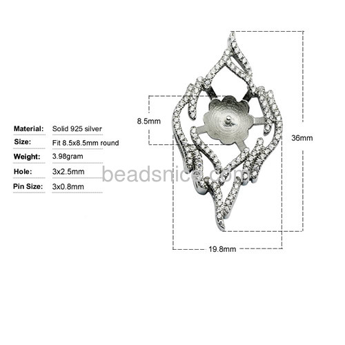 Pendant setting 925 silver micro pave with crystal for long necklace making 36x19.8mm pin 3x0.8mm