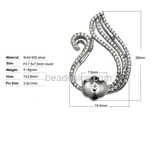 Fine pendant settings sterling silver micro pave with crystal for long necklace jewelry making 29x19.5mm pin 3.5x1