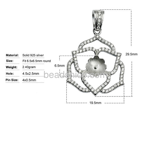 Flower pendant setting sterling silver micro pave with crystal for women 29.5x19.5mm pin 4x0.5mm