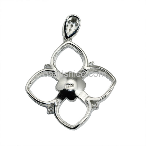 Flower pearl pendant setting blank sterling silver with crystal vintage Jewellery for woman 34.5x21mm pin 4x0.8