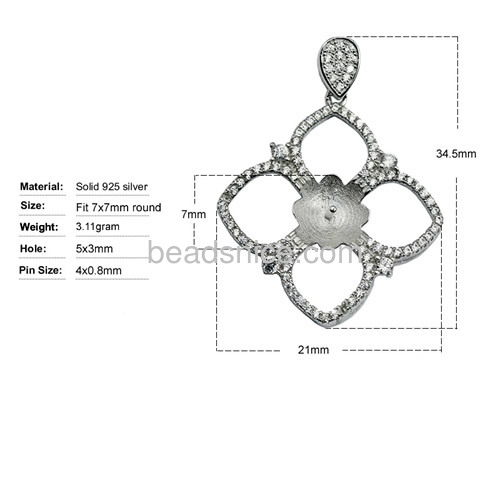 Flower pearl pendant setting blank sterling silver with crystal vintage Jewellery for woman 34.5x21mm pin 4x0.8