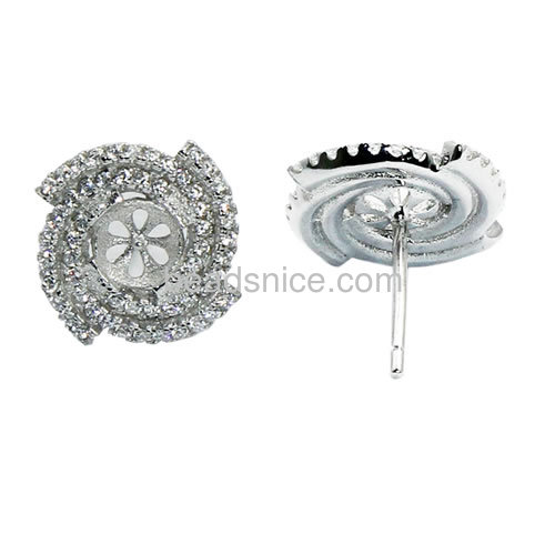 High quality stud earring base for half-drill 925 sterling silver micro pave 14x14mm