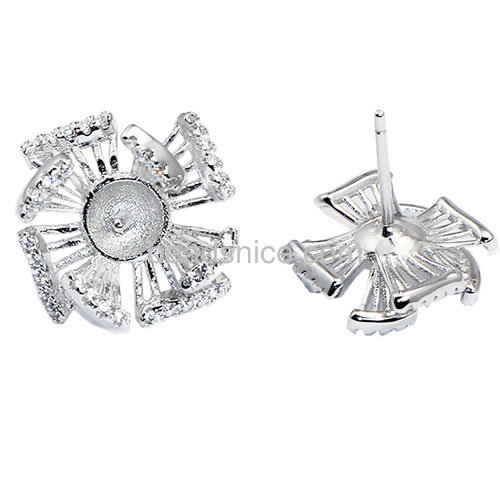 New charming earrings stud setting for half-drill 925 sterling siver micro pave flower 14.5x14.5mm