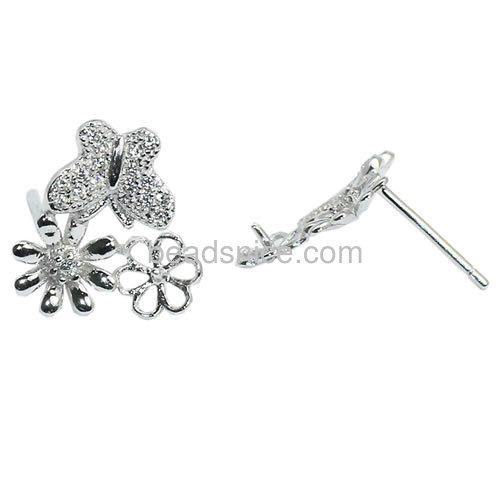 New design stud earring base for half-drill sterling silver 925 micro pave flower 14x13mm