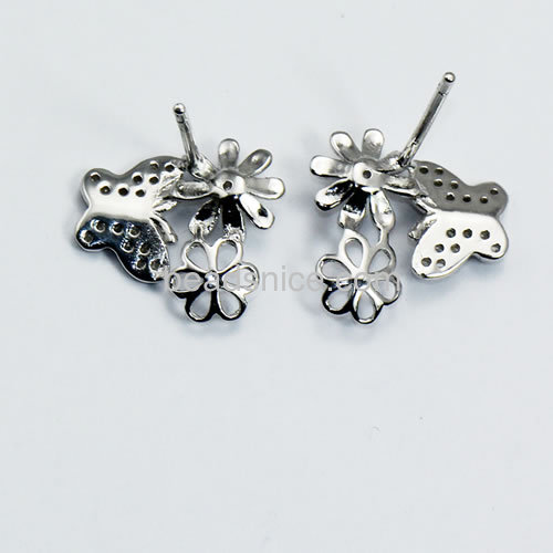 New design stud earring base for half-drill sterling silver 925 micro pave flower 14x13mm