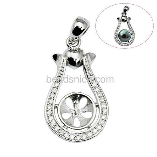 Pendant setting sterling silver micro pave with crystal for half-drilled pearls 28x13.5mm pin 1.5x0.5mm