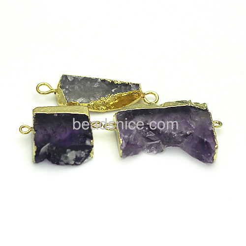 Natural Raw amethyst geode druzy connector brass hoop gold plated