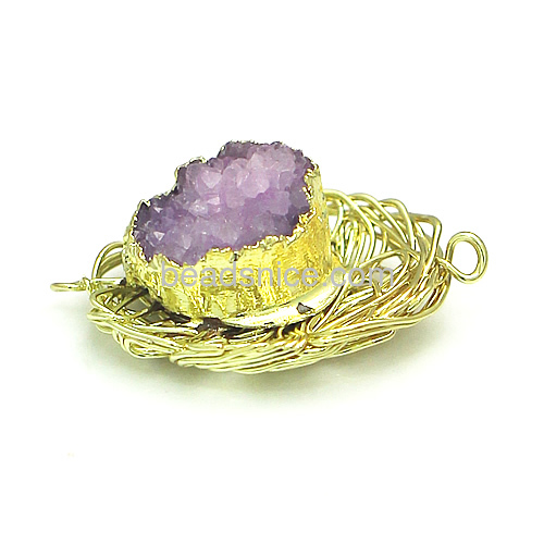 Natural Raw Agate druzy connector brass wire  gold plated