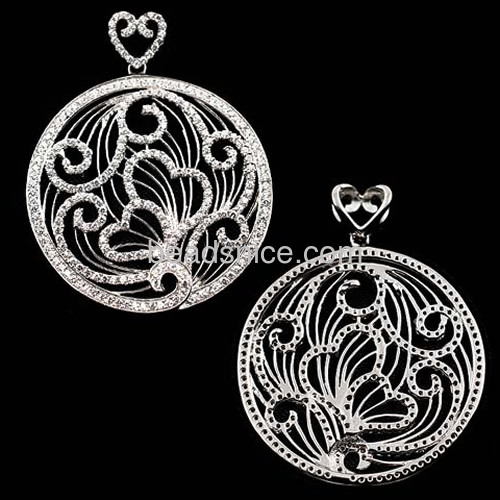 Heart pendant filigree flower pattern necklace pendant inlay cubic zirconia wholesale jewelry findings brass DIY round shape