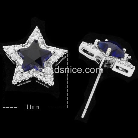 Star stud earrings women blue sapphire glass earring fit wedding party wholesale jewelry parts brass pave cubic zirconia