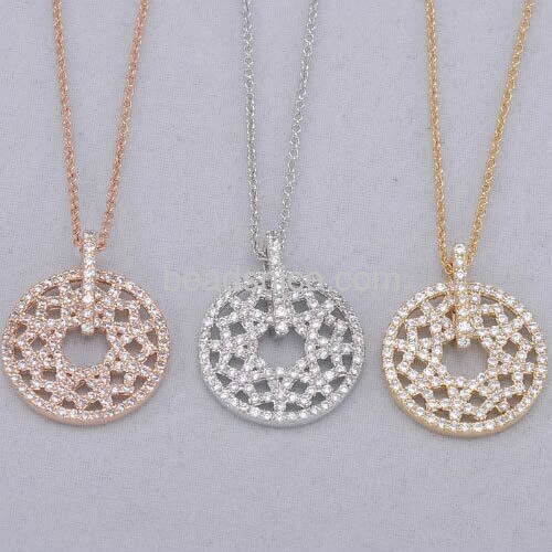 Hollow round pendant necklace micro CZ pave wholesale fashion pendant jewelry findings brass gift for her
