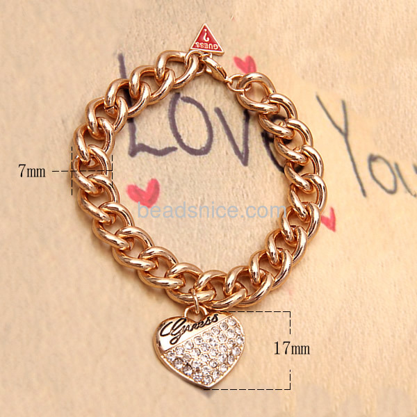 Bracelet charms heart pendant bangle micro pave diamond curb chain bracelets cheap wholesale bangles jewelry findings alloy gift