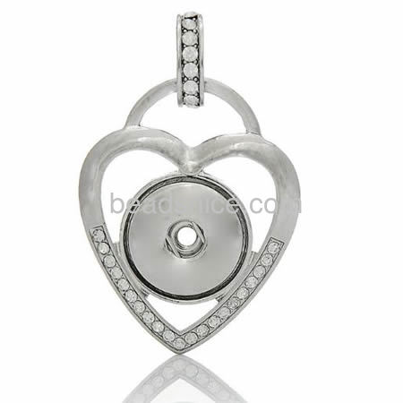 Heart necklace pendant snap button chunks pendants with rhinestone nice for your wholesale jewelry findings brass DIY