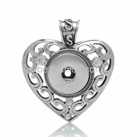 Heart pendant snap button chunks pendants with rhinestone filigree hollow wholesale jewelry accessories brass DIY