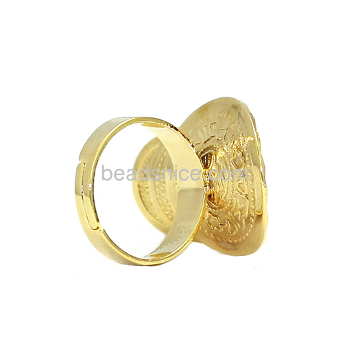 Fashion ring charm coin rings personalized adjustable wholesale jewelry findings brass 24k real gold plated