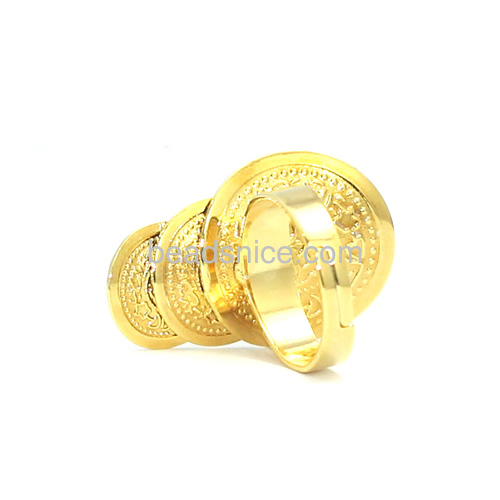 Fashion ring charm coin rings personalized adjustable wholesale jewelry findings brass 24k real gold plated