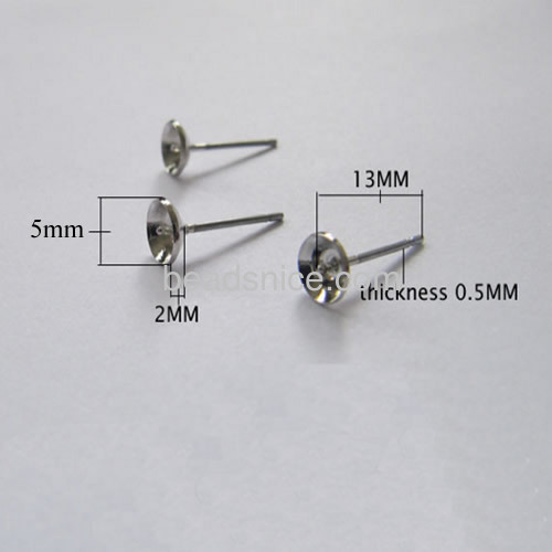 Stainless steel studs earrings base with pin for more than 0.5mm hole halfdrilled bead