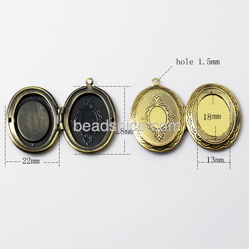 Brass locket photo pendant,33x23.5mm & 23x16mm,fit 13x18mm cabochon , hole:approx 1.5mm,oval,nickel free,lead safe,