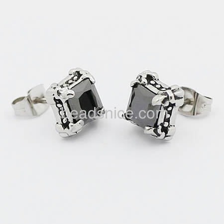 Classic women earrings stainless steel stud earrings with square black  zirconia diamond