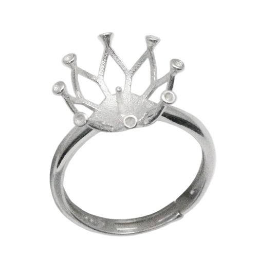 Sterling silver ring setting for half-drilled beads crown shaped adjustable ring base handmade accessories