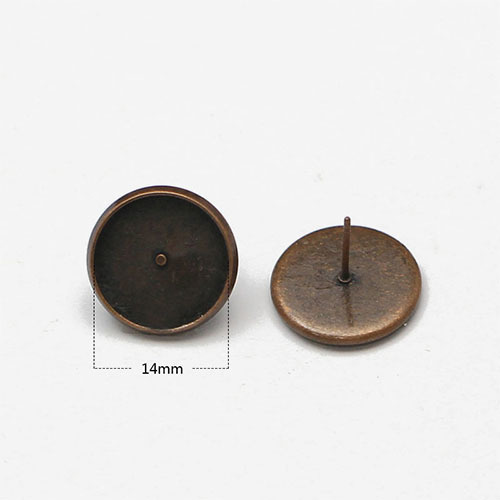 Brass Stud Earring Post, flat round, cabochon setting, without earnut & with steel pin, more plated colors for choice