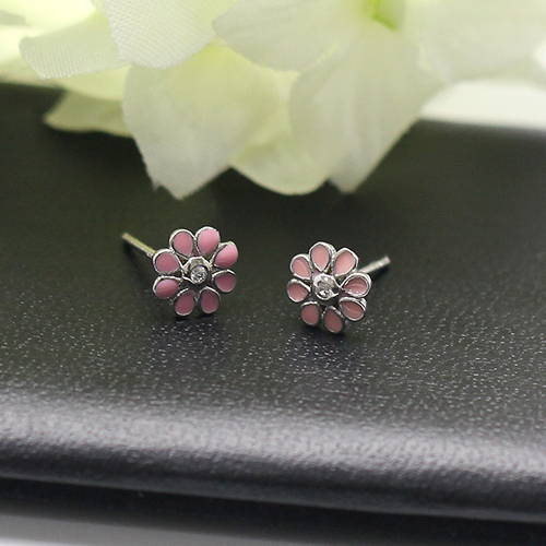 925 Sterling Silver Stud Earring Little Girl Jewelry Pink Flower Child Stud Earrings