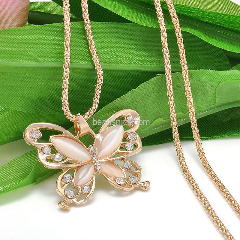 Fashion Women Rose Gold Opal Butterfly Charm Pendant Long Chain Necklace Jewelry