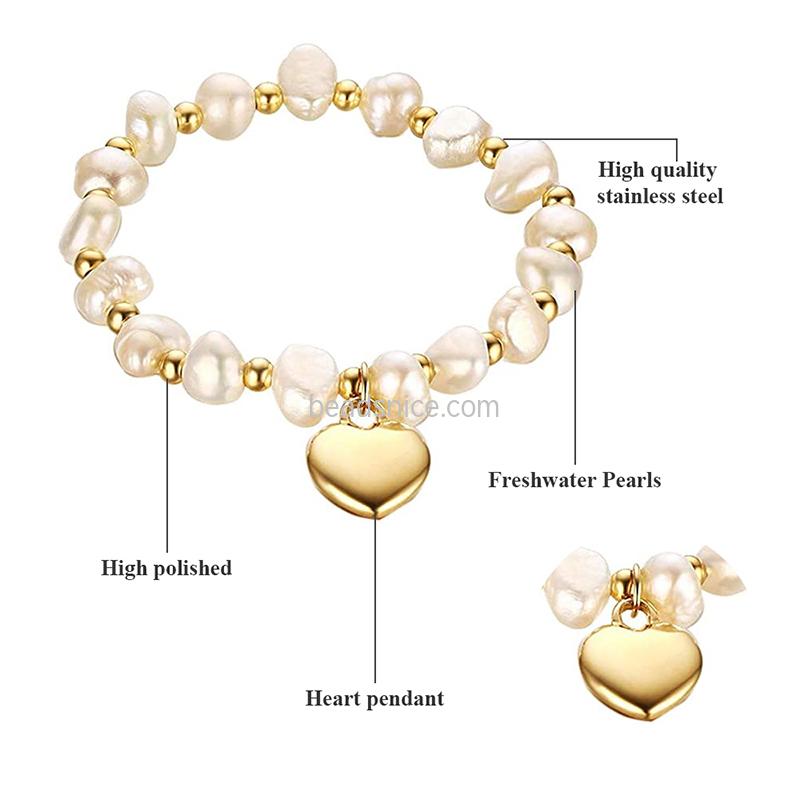 Stainless Steel Heart Freshwater Pearl Bracelet