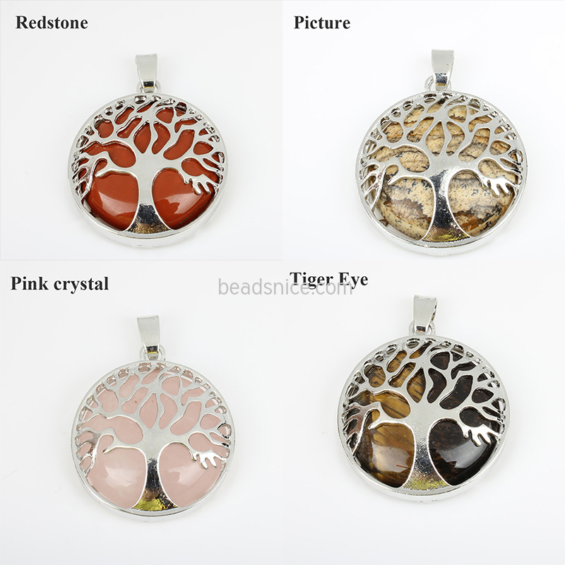 Hollow life tree with natural semi-precious stone Alloy pendant