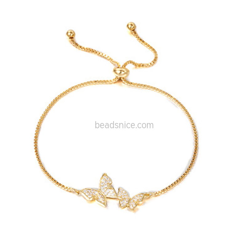New fashion micro-inlaid zircon two butterfly pull-out copper bracelet for women