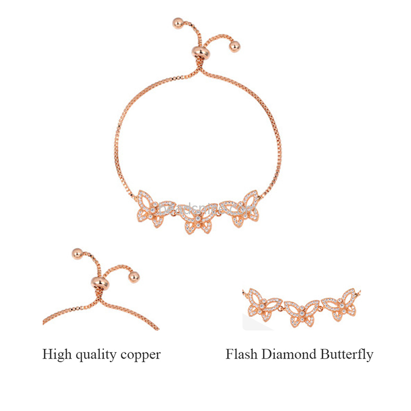 New fashion micro-inlaid zircon three butterfly pull-out copper bracelet for women