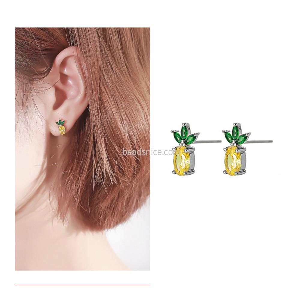 Japanese and Korean style cute little pineapple s925 sterling silver zircon earrings