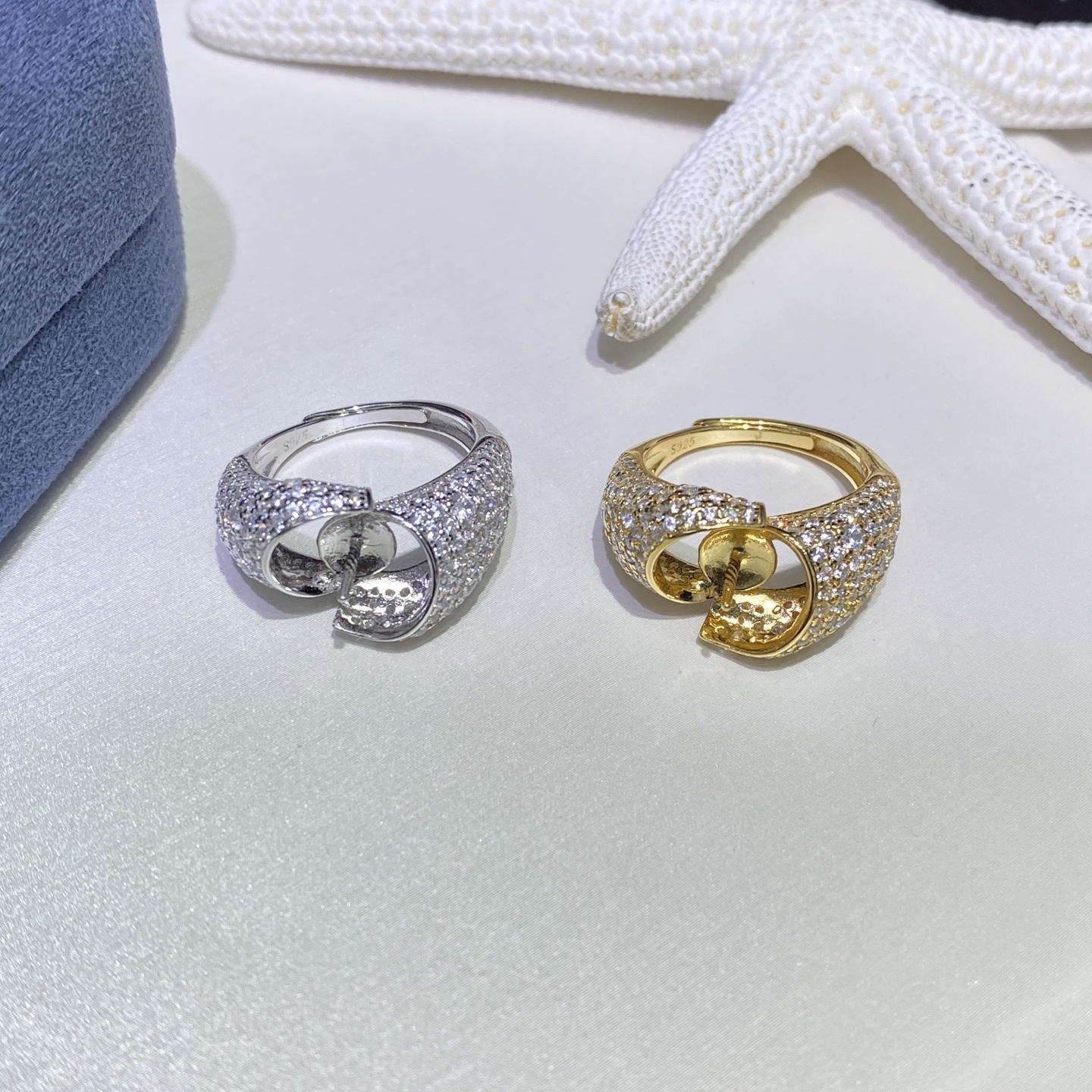 Solid sterling silver zircon inlaid pearl ring mount Solid sterling silver zircon inlaid pearl ring mount