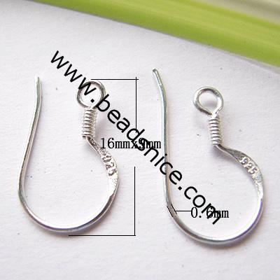 Earwire, sterling silver, 16mm flattened fishhook with 3mm coil and open loop