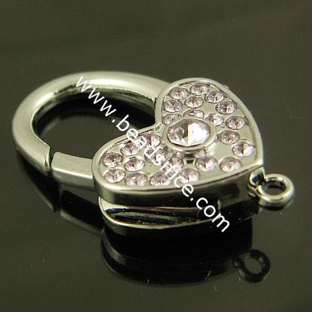 Lobster claw clasp with Rhinestone,alloy, lead-free, nickel-free, 31.5x20mm,hole approx 2.5mm