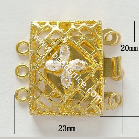  Jewelry clasp with Rhinestone, brass,gold plated, three rows, nickel free, lead free,20x23mm, 